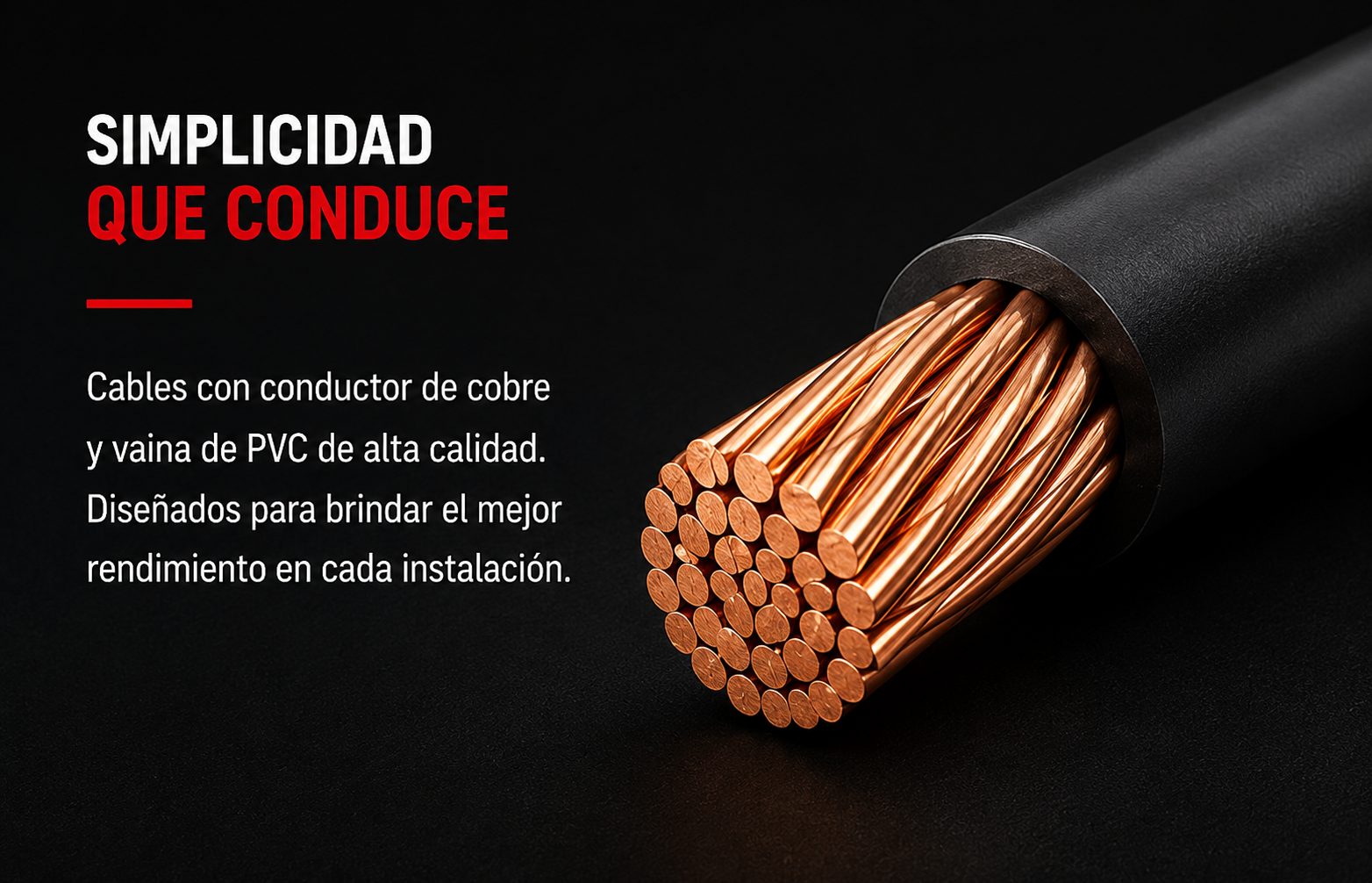 Conductor de cobre con vaina de PVC y mensaje sobre calidad y rendimiento en instalaciones.